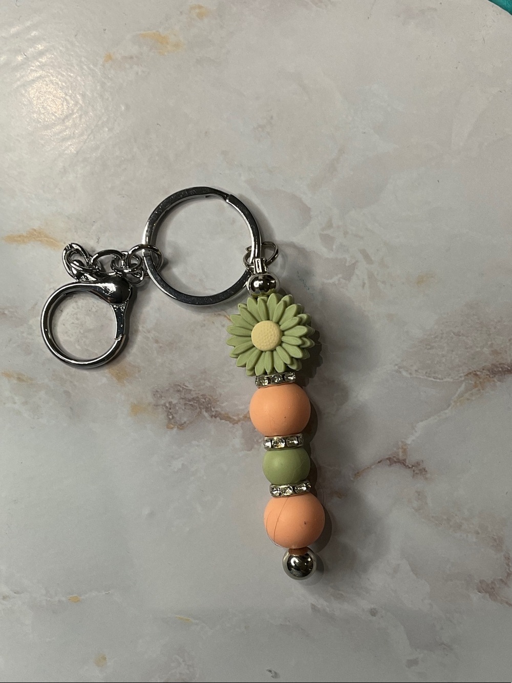 Hand Crafted Peach and Sage Floral Beaded Key Chain or Bag Charm